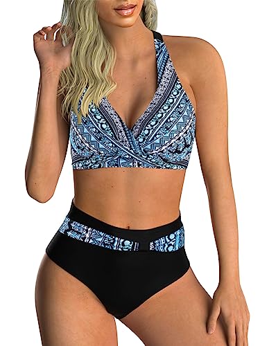 Adigaber Damen Zweiteiliger Badeanzug V Ausschnitt überkreuztes Blumenmuster Bikini Bademode Bauchkontrolle Bikini Sets M Blauer und schwarzer Druck