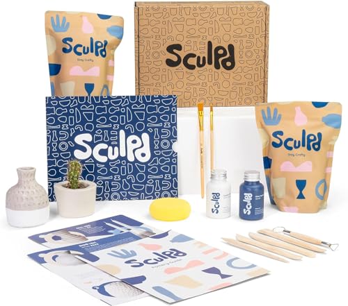 Sculpd Töpferei-Set, lufttrocknender Ton, Starter-Set für Anfänger mit Glanzlack, Töpferset beinhaltet: Farbe, Werkzeugset, Pinsel, Schwamm und Schritt-für-Schritt-Anleitung, lufttrocknendes Ton-Set
