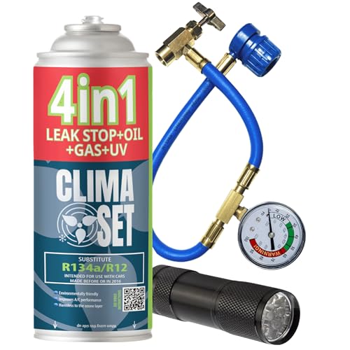 CLIMASET - Kältemittel Ersatzgas R134a, Kältemittelwechsler 4in1, Kühlmittel Klima Auto, Wohnmobil, Auffüllen der Klimaanlage im Auto - Versiegelung, UV-Farbstoff, Kältemittel - mit Kabel und UV-Lampe