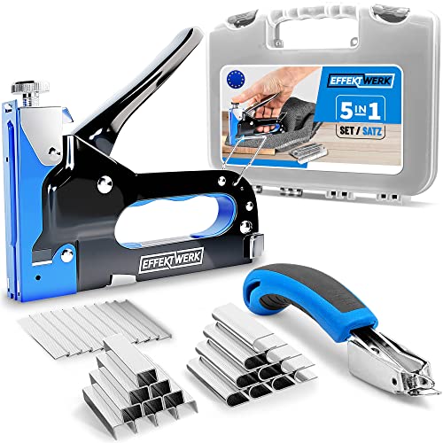Effektwerk 5-in-1 Tacker-Set, Hochleistungstacker mit 1500 Heftklammern und Heftklammerentferner, Handtacker für Holz, Stoff, Teppich, Maschendraht und Bauarbeiten