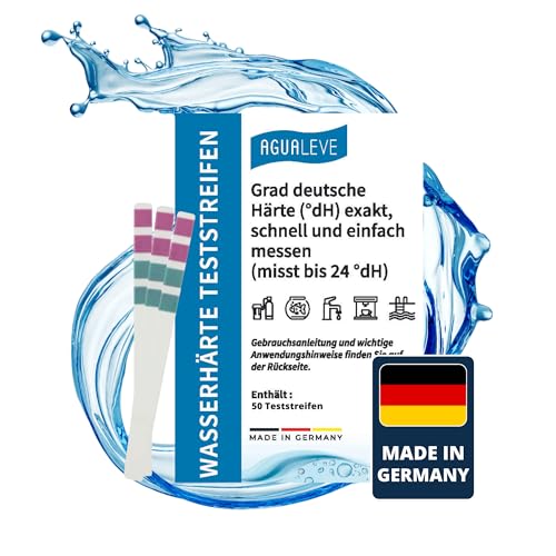 AGUALEVE Wasserhärte Teststreifen 50 Stück - *NEU* - Deutsche Grad Härte (°dH) schnell und einfach messen - Messbereiche bis 24 °dH - Made in Germany