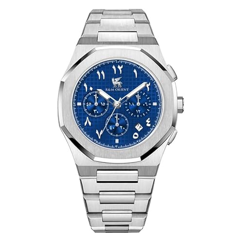 R&M ORIENT Herrenuhr Chronograph mit arabische Ziffer Edelstahl Quarz Saphirglas Leuchtzeiger Stoppuhr Große Armbanduhr Männer Wasserdicht arabischer Kalender Datum (Babylon, Silber – Blau Tapisserie)