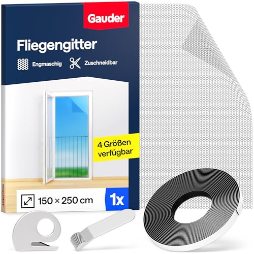 GAUDER Fliegengitter für bodentiefe Fenster (150 x 250 cm | schwarz) aus Polyester | Insektenschutz und Fliegennetz ohne Bohren | Mückennetz | Fliegengitter Fenster & Tür