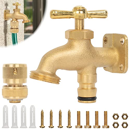 BLOSTM Wasserhahn Garten aus Messing - Wasserhahn Aussen mit Schlauchhahn 1/2 Zoll Schnellverbinder, Schrauben & Dübel - Gardena Schlauch Hahn mit Schlauchanschluss für Schrebergärten & Ställe
