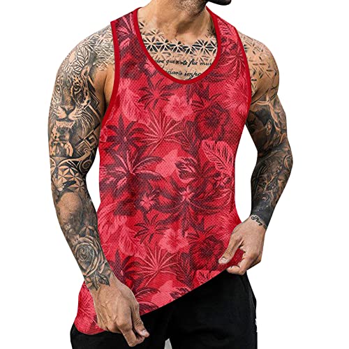 QWUVEDS Mesh Bequemer Druck 3D-Digitaldruck Lässiges, lockeres Herren-Tanktop Tank Top Herren Set Ärmelloses T-Shirt für Herren T-Shirt Sport Herren (Red, XXL)