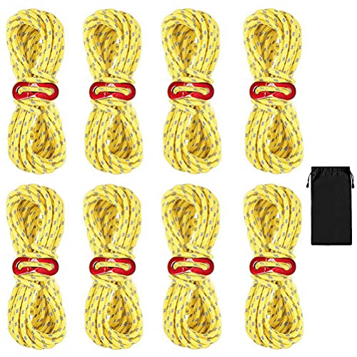 8 Stück Abspannseile Camping, 4MM x 4M Zeltschnur Reflektierend Spannschnur mit Aluminium Seilspanner Spannseile Leuchtend Sturmband für Zelt Camping Wandern (Gelb)