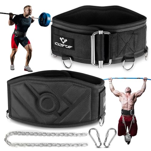 COFOF 2 IN 1 Dip Gürtel, Selbstverriegelnde Sicherheitsschnalle Gewichtsgürtel mit 103cm Lange Kette und 2 Karabiner, Klimmzug Gürtel für Bodybuilding, Krafttraining, Gewichtheben (Schwarz, M)