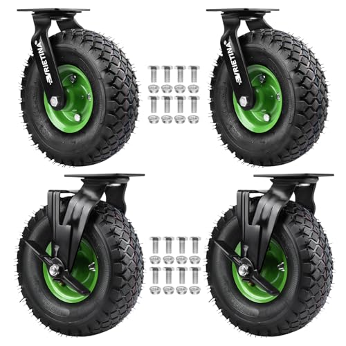 4 Stück 360° Lenkrollen mit Bremse Set Ø 250 x 90 mm Rad, Ruhig Luftrad auf Stahlfelge Schwartz mit Stoßdämpfung, Bollerwagen & Transportwagen Kit (2 Lenkrollen 2 Bremsrollen)