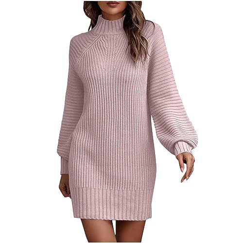 EMATOP Damen Rollkragen Strickkleid Langarm Elegant Winterkleid Knielang Bodycon Minikleid Casual Einfarbig Pulloverkleid Warm Baumwolle Sweatkleid Herbst Winter Freizeitkleid Cocktail Kleider