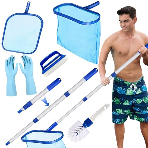 MWZEAUL 6er Set Pool Kescher Reinigungsset, 100 cm lang Poolkescher Feinmaschig mit Teleskopstange, Poolzubehörset Poolreinigung für Teich, Algen, Pool, Spa, Algenkescher, Laubkescher