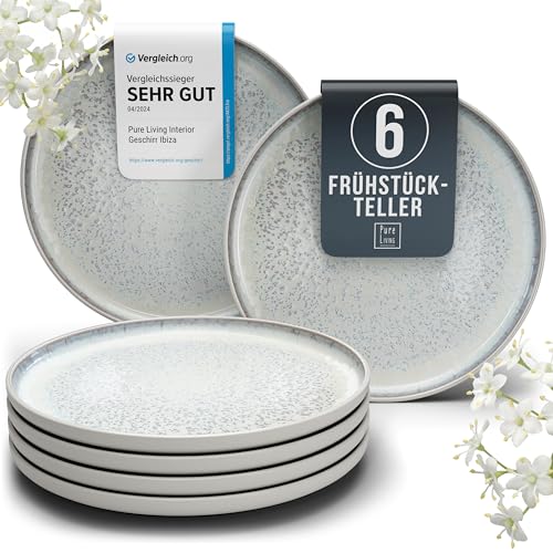 Steingut Frühstücksteller 6 Pers. Ibiza Hochwertiges Mediterranes TEST SEHR GUT Dessertteller Set - Kuchenteller spülmaschinen- und kratzfest - Kleine Teller, Salatteller Pure Living in Beige