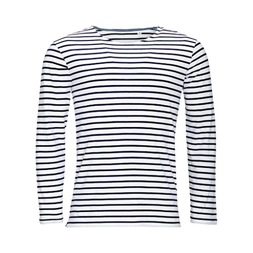 SOLS Herren Marine T-Shirt, gestreift, langärmlig (L) (Weiß/Marineblau)