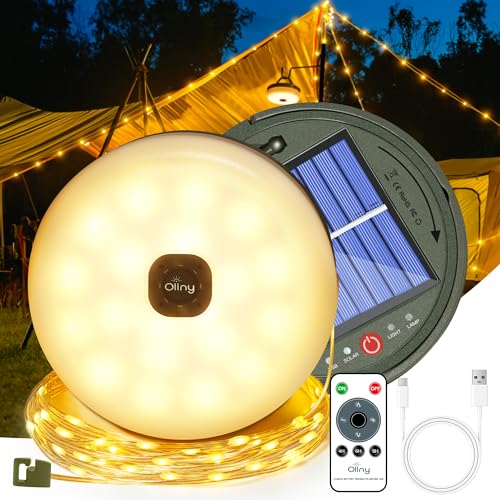 Ollny Solar Camping Lichterkette Aufrollbar, 3-in-1 Tragbare Wiederaufladbare LED Lichterkette mit 8 Beleuchtungsmodi, Wasserdichte USB Campinglampe für Zelt Camping Hof Dekoration (10M)