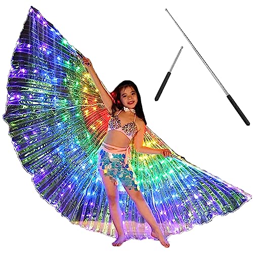 Bauchtanz Flügel Kinder Leuchtende Flügel Klettverschluss mit Teleskopstangen 2 Modi Lichtsteuerung LED Isis Flügel Schmetterlingsflügel für Karneval Bühne Weihnachtsfeier Feenflügel Party (Farbe)