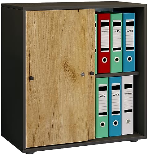 VCM Büroschrank mit 2 Fächern | moderner Aktenschrank mit Schiebetüren | Maße ca. B. 70 x H. 73 x T. 37 cm – Lona 2-Fach Anthrazit/Honig-Eiche