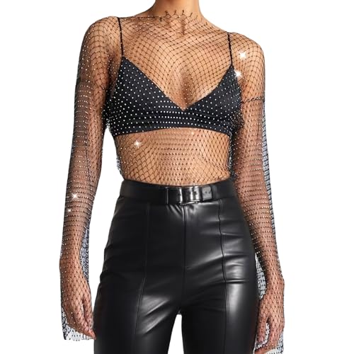 Strass Mesh Langarm Strasssteine Fischnetz Mesh Top Damen Sexy See Through Mesh Glänzende Strasssteine Kleid Fischnetz Strass Glänzendes Mesh Körper für Club Bademode Kleid Bikini