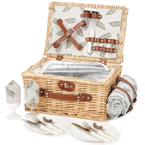 Picknickkorb für 2 Personen, Picknickkorb-Set mit Kühlfach und wasserdichte Picknickdecke, Besteck Set, Handgefertigtes Weidenkorb Picknick Korb Geschenk für Camping, Strand, Wandern (Blatt)