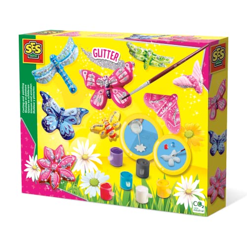 SES Creative | Gipsmodellierset Glitzerschmetterlinge | Große Form + Farbe und Glitzer | Gips schnell trocknend | Kreative Aktivität für Kinder | Leicht zu reinigen | Geschenkidee Ab 5 Jahren