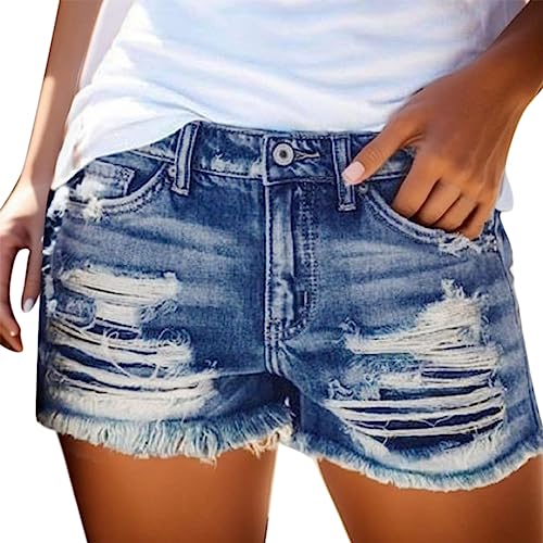 Jeans Shorts Damen Sommer High Waist Ripped Kurze Hose Jeanshose mit Knöpfe Jeansshorts Leichte Und Atmungsaktiv Denim mit Taschen Sommerjeans Elegant Damenjeans Sexy Shorts