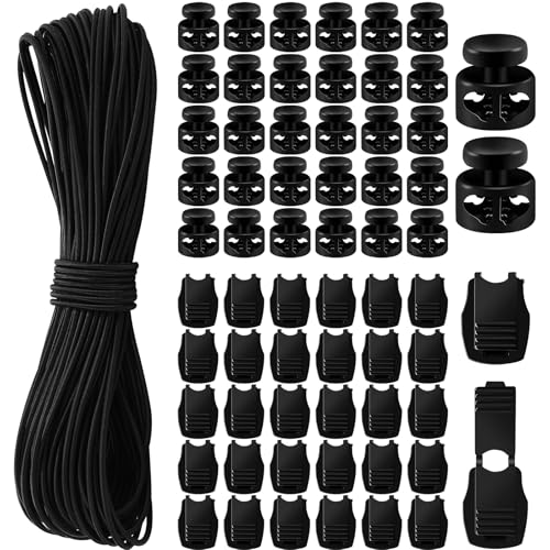 SEPGLITTER Elastische Gummischnur, 30 m Schwarzes Gummiband Gummikordel 30 Stück Reißverschluss und 30 Stück Doppel Loch Kunststoff Cord Locks für Reißverschlusskordeln für Rucksäcke, Schnürsenkel