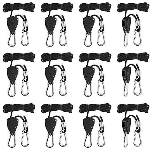 LALAGO 12 Stück Ratchet Hanger,Einstellbare Seil Seilhaken Ratsche Seilratsche 2M,1/8 Zoll Seilaufhänger Seilzugratsche Ratschenseil für Pflanzenventilator Licht Zimmerpflanzen