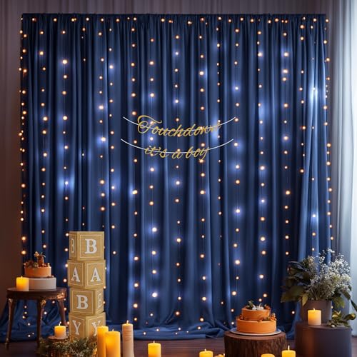 3 x 3 m, marineblaue Hintergrundvorhänge mit Lichterschnur für Babyparty, knitterfreie Vorhänge, Hintergrund für Geburtstagsparty, Polyester-Hintergrundvorhänge für Hochzeitsfotoshootings (1,5 x 3 m,