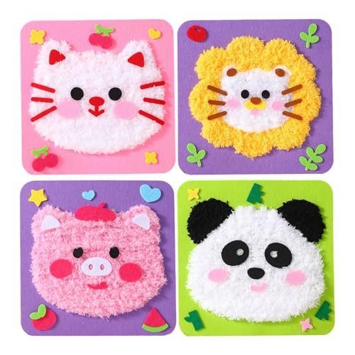 DIYs Embroidery Doll Set | 4 Stücke Cartoon Tieren Sticken Kinder | Handgefertigtes Stickbilder Spielzeug für Kinder zum Nähen Eigener Produkte | Pädagogisches Nähmaterial Stickset für Ab 3 Jahren