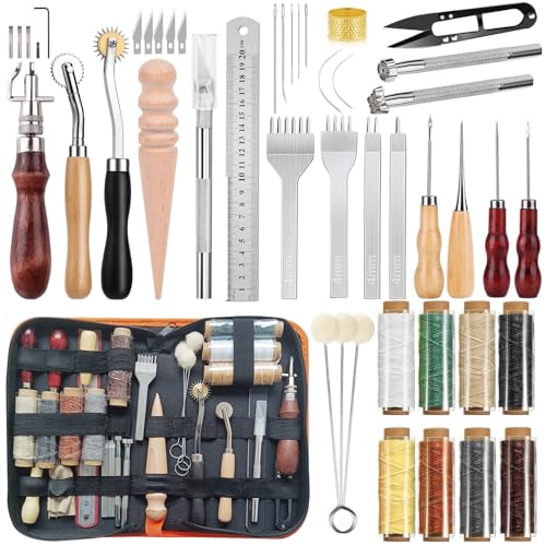 45 Stück Lederwerkzeug-Set,Lederwerkzeuge mit Aufbewahrungstasche,Leder Werkzeug mit Lederstempeln,GewachstemFaden,Rillenzieher,Ahle,Leder Nähset ideal als Geschenk für Erwachsene