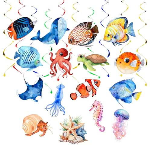 32 Stück Fisch Deko Tropische Hängende Wirbel Decke Dekor Meerestiere Girlanden Unterwasserwelt Dekorationen Ozean Thema Party Zubehör für Jungen Mädchen Geburtstag