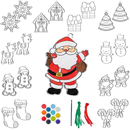 THE TWIDDLERS 20 Stück Weihnachten Sonnenfänger Kit - 10 Suncatchers zum Malen & Dekorieren, 9 Farben, 1 Pinsel - Basteln für Kinder