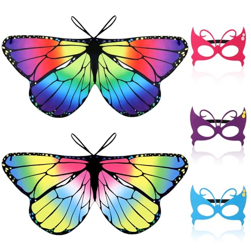 Kinder Schmetterlingsflügel,2 Stück Schmetterlingsflügel Kinder und 3 Stück Schmetterlings Gesichtsbedeckungen,Schmetterling Umhang Flügel Kostüm Schmetterlings Flgel Pixie Cape für Jungen Mädchen