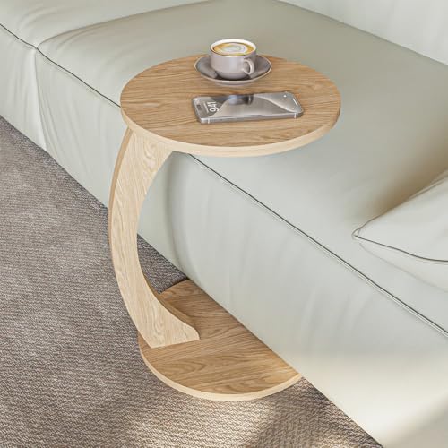 sugodesign Couchtisch mit Rollen, Kleiner Beistelltisch C Form, stylischer Sofatisch in schöner Natur Eiche-Optik, runder Tisch als Ablagefläche für Couch und Sofa, Beistelltisch Couch