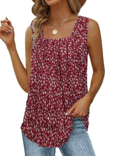 Cuptacc Top Damen Square Neck Mit Falten Womens Camis Loose Fit Ärmellosse Comfort Tank Top Damen Rote Blume XL 46-48