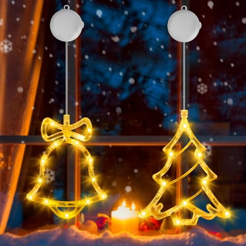 OUILA LED Weihnachtslichterketten Lichter, Funkel Weihnachten Lichterkette Weihnachtsbaum Weihnachtsglocken Weihnachtsbeleuchtung mit Saugnäpfe Timing Weihnachtsstern für Weihnachtsschmuck (Warmweiß)