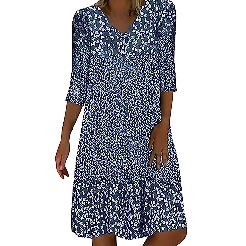Sommerkleid Damen Leinen Kleider - Casual V-Ausschnitt Midikleid Kurzarm A-Linie Kleid Strandkleid Ohne Zubehör Leicht und Luftig Leinenkleid Einfarbig Knielang Elegant Casual Sommer Blusenkleid