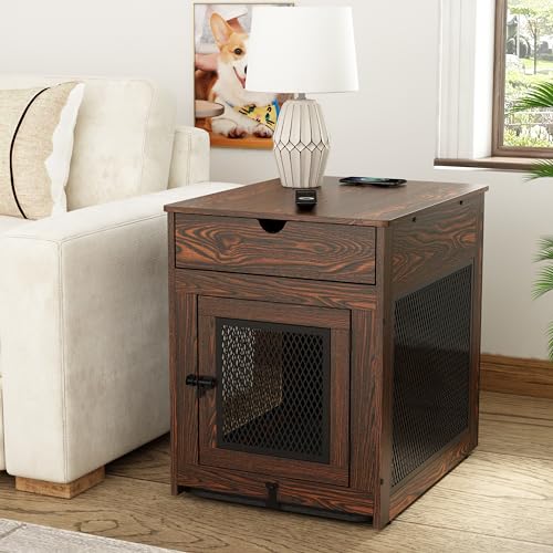 Piskyet Hundekäfig-Möbel, Holz-Beistelltisch mit Schublade, Kissen und Tablett, QC3.0, kabelloses Aufladen, Dual-USB, mittelgroße Hunde, rustikaler Stil