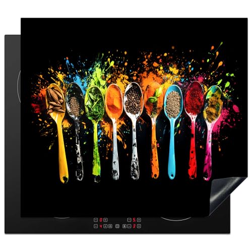 KitchenYeah© Herdabdeckplatte 60x52 cm Einteilig Herdabdeckung Abdeckplatte für Ceranfeld Abdeckung Induktionskochfeld Aufrollbare Matte Löffel - Gewürze - Modern - Graffiti - Farbenfroh