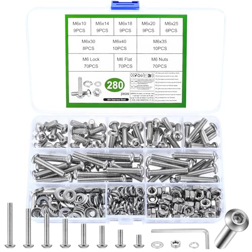 280 Stk M6 Schrauben Set, Linsenkopf Innensechskantschrauben Muttern Set, Linsenkopfschrauben mit Muttern Set, Maschinenschrauben Sortiment, Gewindeschrauben und Muttern mit Unterlegscheiben Set