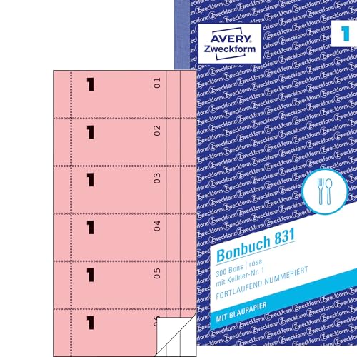 AVERY Zweckform 831 Bonbuch (105x198mm, 300 Bons mit Kellner-Nr. 1, mit einem Blatt Blaupapier und je einem Durchschlag, 1 Block mit 300 Stück, ideal für den Gastronomiebedarf) rosa/weiß