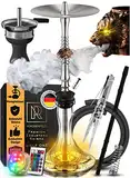 M. ROSENFELD Shisha Set Komplett - Edelstahl mit Unikalem Air Flow durch 3 edle Wolf Köpfe aus Kupfer - quality Zubehör + LED Licht Untersetzer mit Fernbedienung - 85cm