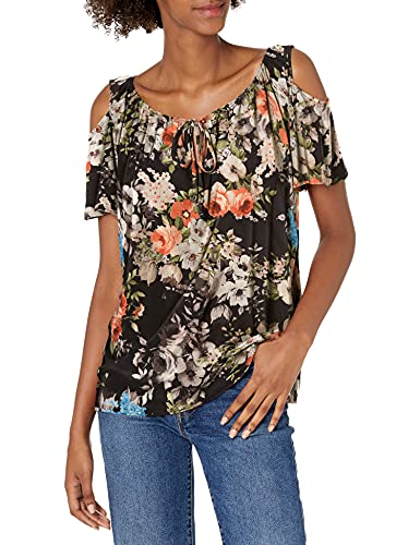 Star Vixen Damen Short Sleeve Cold-Shoulder ITY Knit Peasant Tunika-Oberteil, Dunkles Blumenmuster, Groß