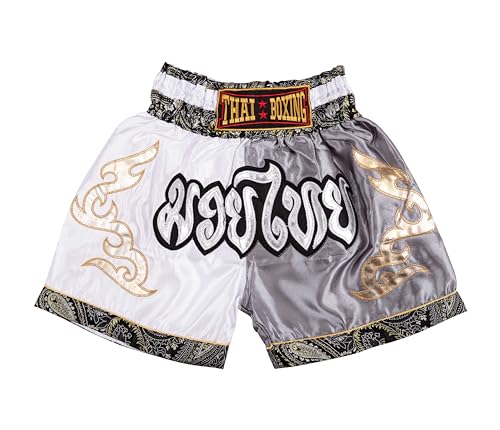 MUAY NATION Muay Thai Shorts für Kinder (2 Jahre - 12 Jahre) Mädchen Jungen Boxhosen für Kickboxen MMA Kampfsport (DE/NL/SE/PL, Alter, 6 Jahre, 8 Jahre, Regular, Weiß/Grau)