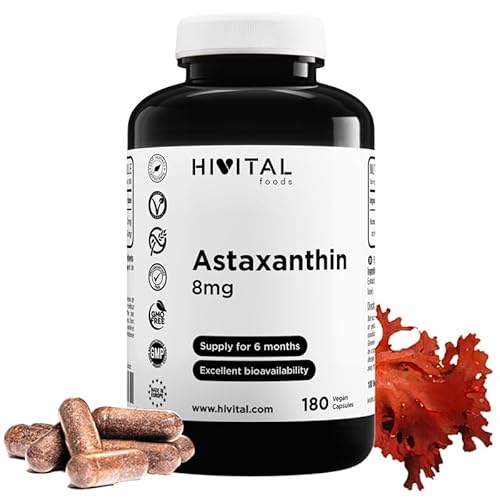 Astaxanthin 8 mg. 180 vegane Kapseln für eine 6-monatige Kur. Hergestellt aus 160 mg der natürlichen Alge Haematococcus Pluvialis mit 5% Astaxanthin, liefert also 8 mg reines Astaxanthin. Von Hivital