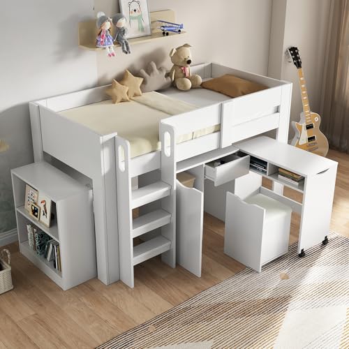 Kinderbett 90x200 Einzelbett, Hochbett mit Stauschrank, Schreibtisch und Stuhl mit PU-Kissen, Regal & Schubladen, Holzbett Stauraumbett Funktionsbett Jugendhochbett mit Lattenrost,Ohne Matratze,Weiß