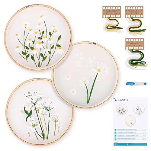 Navaris Garn Blumen DIY 3er Stickset - 3X Stickerei Set für Anfänger - Stickrahmen mit transparentem Blumen Design vorgedruckt - Stick Sets Vorlage