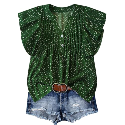 Dyhxuan Bluse Damen Elegant Blütenblattärmel Oberteile Knöpfe V-Ausschnitt Shirt Plissee Polka Dots T-Shirt Leicht Rüschenbluse Sommer Punkte Top Loose Atmungsaktive Blusenshirt T Shirt Tunika
