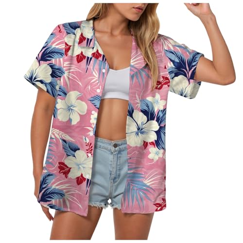 KJameas Damenblusen Hawaii Hemd Damen Kurzarm Hawaiihemd Sommer Bluse Strand Funky Hawaiibluse Fronttasche Party Hemden Frauen Outfit Damen Hawaii-Print Casual Hemdbluse Shirt Tops