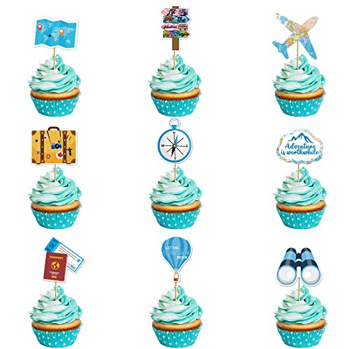 27 PCs Reisen thematische Cupcake Toppers Flugzeugkarte lassen Sie die Abenteuer beginnen Kuchen Topper für Reisen zum Geburtstag Rentenabschluss Karriere Karriere Änderung der Babyparty Partyzubehör