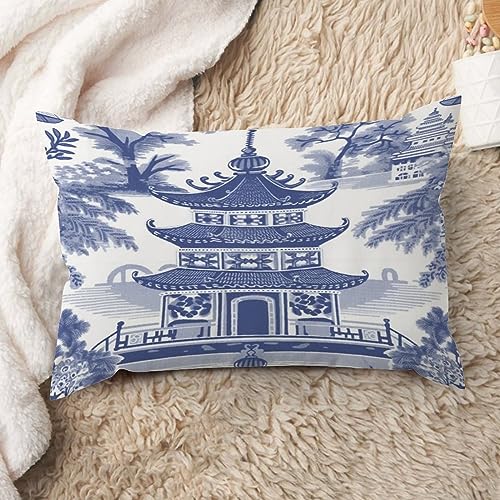 Yelolyio Chinoiserie Kissenbezug mit asiatischer Pagode, Lendenkissenbezug, 30,5 x 45,7 cm, dekoratives Kissen, Baumwolle, Leinen, ethnischer Kissenbezug für Sofa, Couch, Bett, Wohnzimmer
