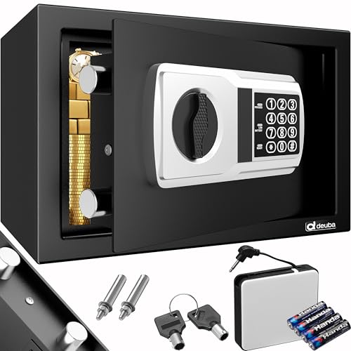 Deuba® Tresor Safe 31x20x20cm Doppelstahlbolzen Stahltür Zahlenschloss LED Licht Notschlüssel Externe Batteriebox Antirutsch-Noppen Schlüsselhaken Schutzmatte Montagematerial Möbeltresor Wandtresor
